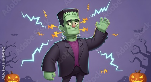 Animated Frankenstein Character Waving, Halloween Style, with Lightning Effects