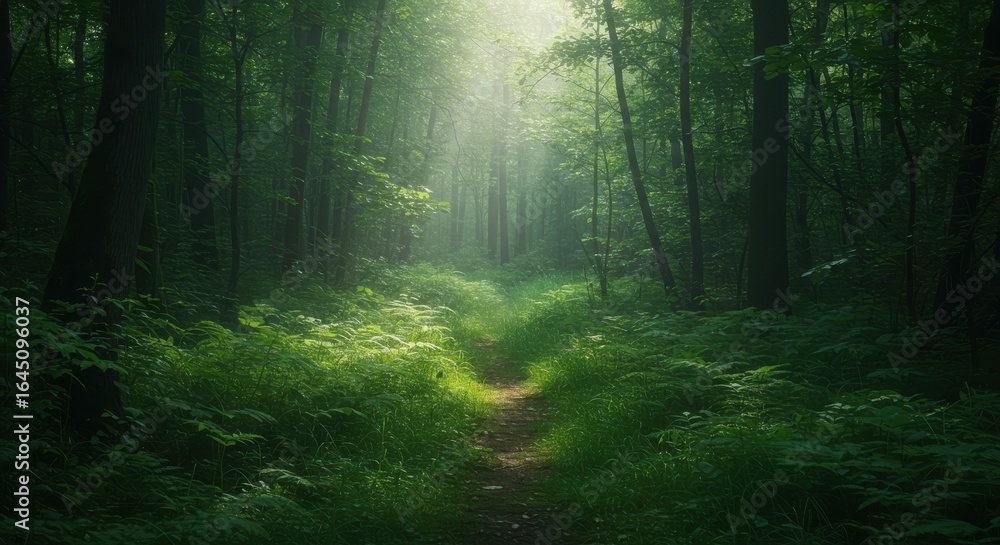 Fototapeta premium Walking Path Through Green Forest with Sunlight Streaming Through Trees
