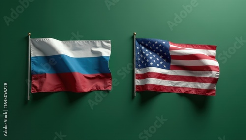 Russian and American flags displayed on a green background, greenscreen isolate
