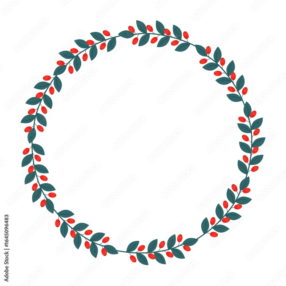 Obraz premium Autumn wreath of red berries and green twigs with leaves. Vector round frame for making postcards, invitations and seasonal decor.