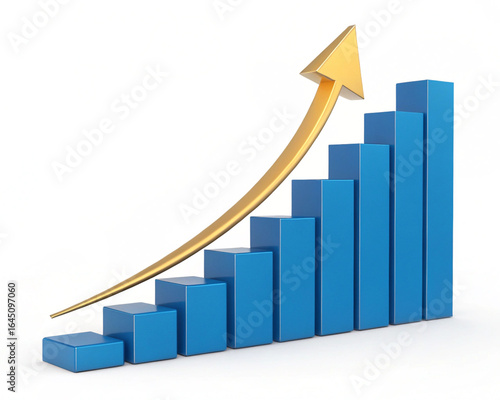 A blue bar graph showing an upward trend with a golden arrow indicating growth on a white background created with generated ai Free Download A blue bar graph showing an upward trend with a golden arrow indicating growth on a white background created with generated ai - GFXLoad