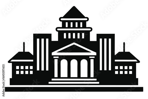 Black and white illustration of classical government building with traditional architecture style