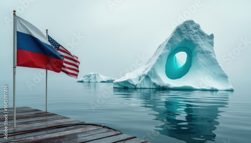 Russian and American flags by the water near an iceberg, symbolizing partnership in a cold environment