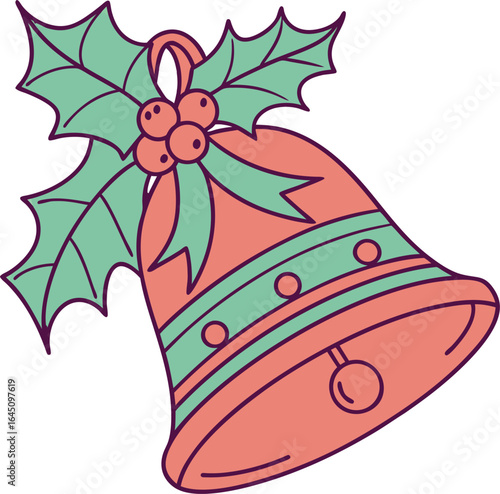 A Christmas card with festive bells and holly, featuring a floral vector design with butterflies and pink flowers