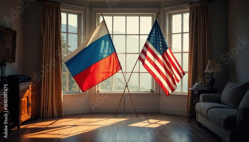 Russian and American flags displayed indoors by a window, symbolizing partnership and unity in a warm atmosphere