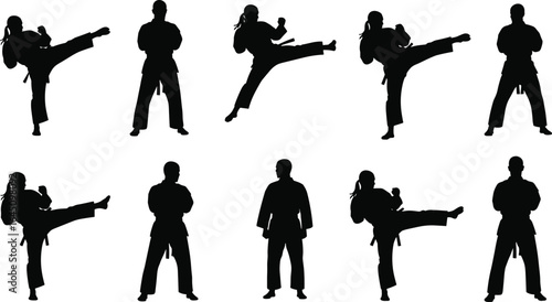 Karate martial arts silhouette poses, kicking and fighting stances, self defense training, black belt, sport practice, isolated vector illustration set
