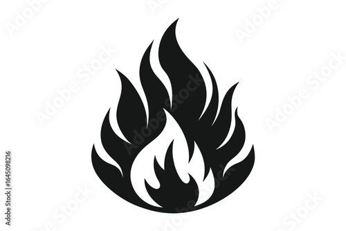 Black silhouette displays a symmetrical fire blaze set against a clean white backdrop