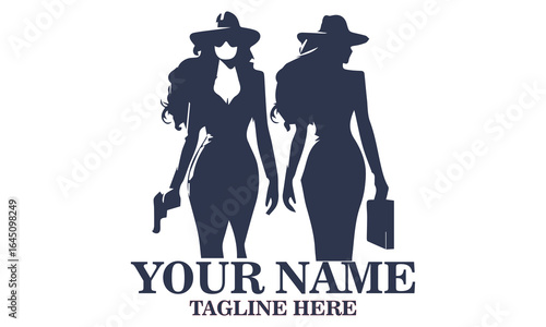 Chic spy day icon. chic spy women vector illustration and confident woman in suit and hat holding gun with determined look vector illustrasion