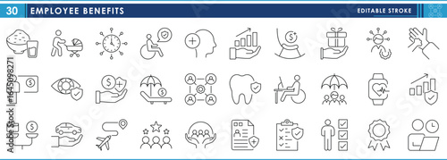 A set of line icons related to Employee Benefits. Food, insurance, time, growth, healthcare, pension, work from home, travel, and so on. Vector editable stroke.