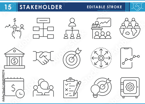 A set of line icons related to Stakeholder. Business, people, dollar, bank, investment, increase, growth, target, and so on. Vector editable stroke.