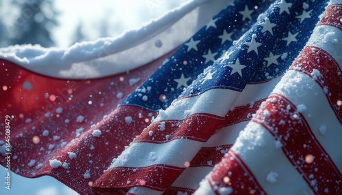 American flag covered in snow, symbolizing resilience and unity in a winter setting
