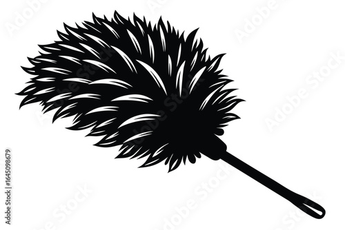 A black feather duster sits against a clean, bright white background, ready for cleaning