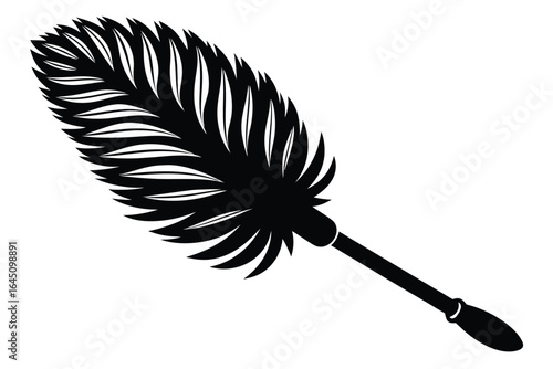 Black feather duster features a handle and detailed feather silhouette on white