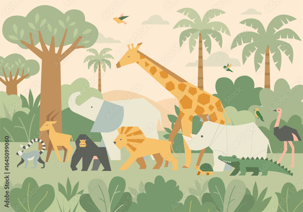 Obraz premium Vector illustration of cute African animals in a flat cartoon style. Includes giraffe, elephant, lion, rhino, crocodile, ostrich, gorilla, lemur, flamingo, turtle, and birds in a tropical savanna