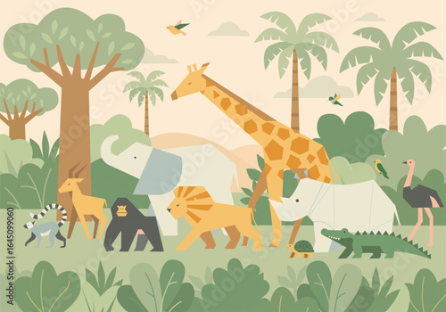 Vector illustration of cute African animals in a flat cartoon style. Includes giraffe, elephant, lion, rhino, crocodile, ostrich, gorilla, lemur, flamingo, turtle, and birds in a tropical savanna