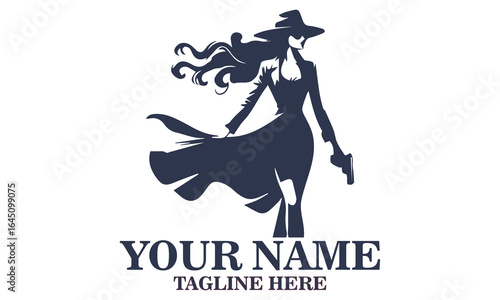 Chic spy day icon. chic spy women vector illustration and confident woman in suit and hat holding gun with determined look vector illustrasion