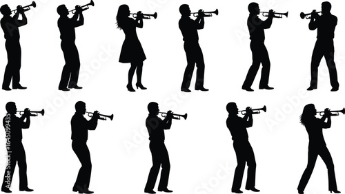 Musician silhouette set, people playing trumpet, jazz performers, brass instrument players, music concert illustration, band performance vector, artistic musician clipart