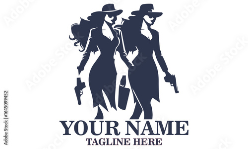 Chic spy day icon. chic spy women vector illustration and confident woman in suit and hat holding gun with determined look vector illustrasion