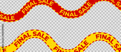 Warning sale ribbon, alert tapes for final offer zone, promo stripe design, curvy urgency path, checkout visual marketing. Vector illustration
