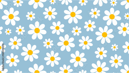 Seamless pattern of white daisies with yellow centers on a light blue background evenly distributed design