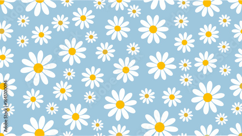 Seamless pattern of white daisies with yellow centers scattered on a light blue background design element