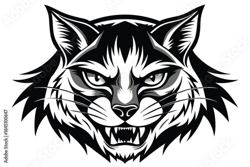 Feline predator face shows sharp teeth and threatening eyes with a black and white theme