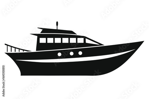 A sleek black yacht silhouette glides smoothly against a plain white canvas
