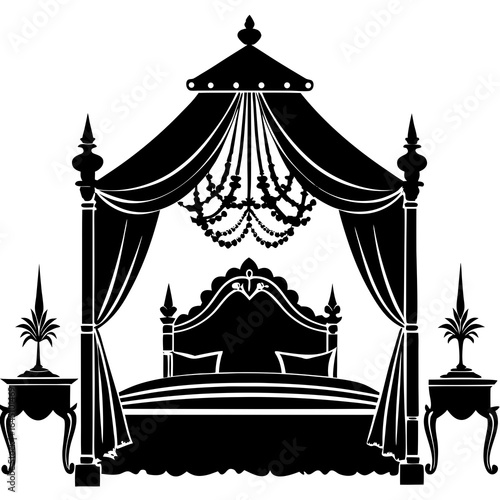 "A black silhouette vector of a lavish bedroom centered around a grand canopy bed,