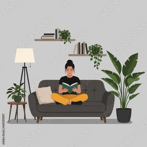 Relaxing afternoon with a good book in a bright, stylish living room setting