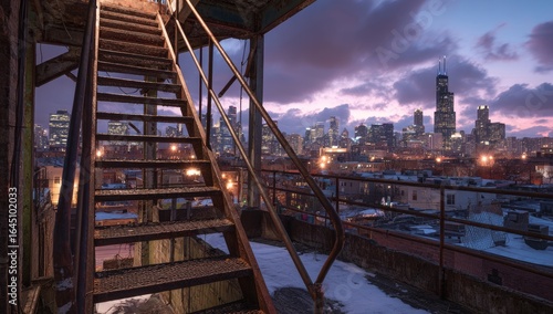 Wallpaper Mural Rusting metal stairs ascend to a rooftop vantage, offering a twilight cityscape view with a dramatic sky and snow dusting Torontodigital.ca