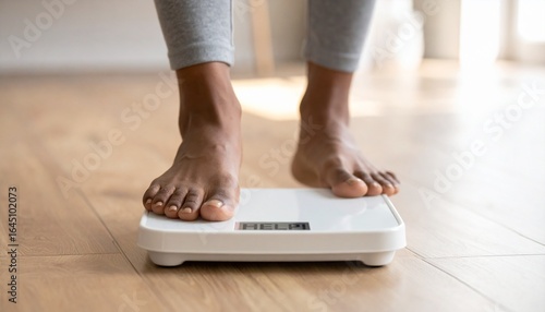 Close up of a person's bare feet standing on a digital bathroom scale to measure body weight for health and wellness.
