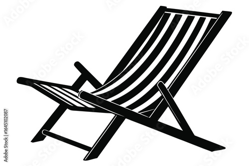 Black beach chair with striped fabric is depicted against white backdrop as a vector