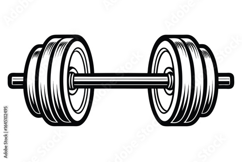 Black and white line shows dumbbell with weights over a white background