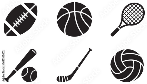 Collection of black and white sport equipment icons arranged on a white background graphic design element