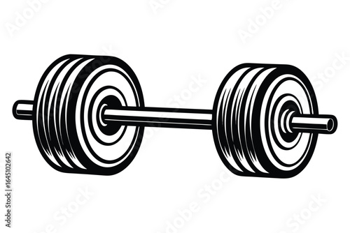 Bold barbell features stacked plates on white, displaying fitness equipment vividly
