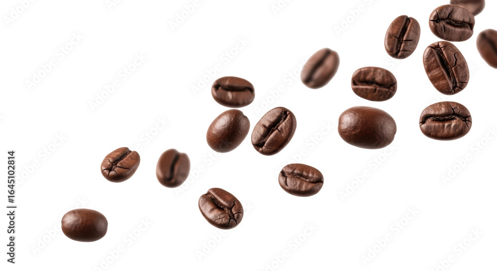 Obraz premium Multiple dark roasted arabica coffee beans, various sizes, flying, tumbling mid-air against transparent studio background with abundant copy space, ultra photorealistic high-speed macro shot with