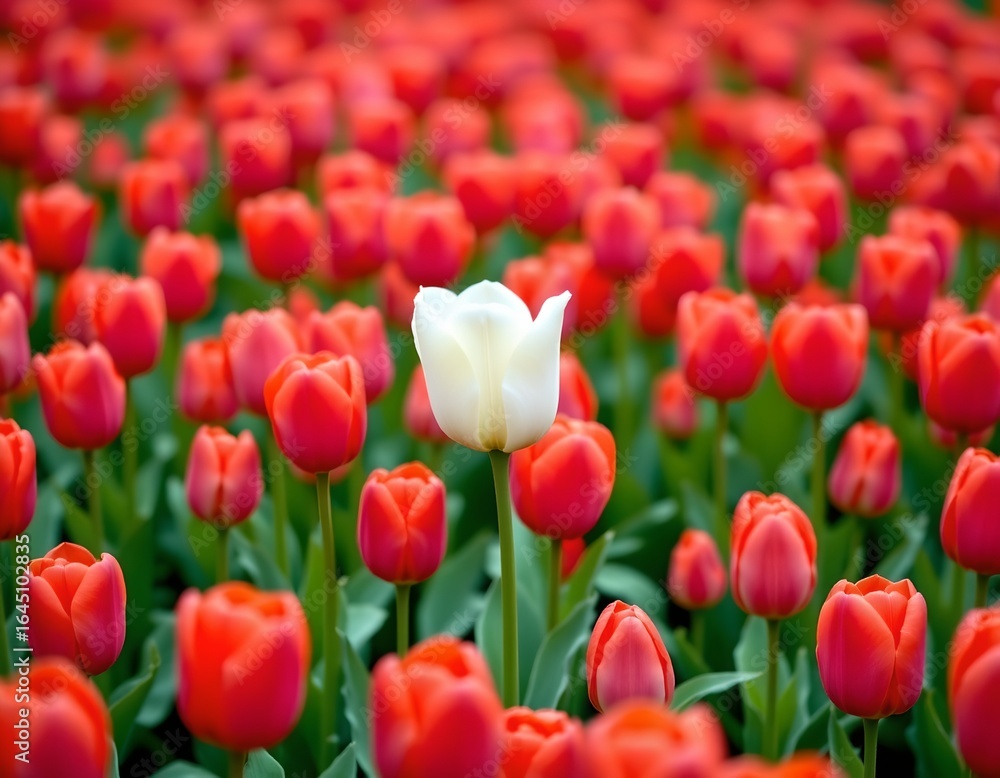 Fototapeta premium Elegant White Tulip Surrounded Vibrant Red Tulips