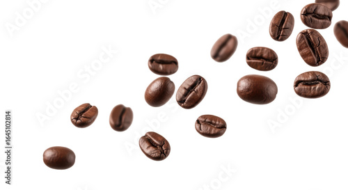 Multiple dark roasted arabica coffee beans, various sizes, flying, tumbling mid-air against transparent studio background with abundant copy space, ultra photorealistic high-speed macro shot with