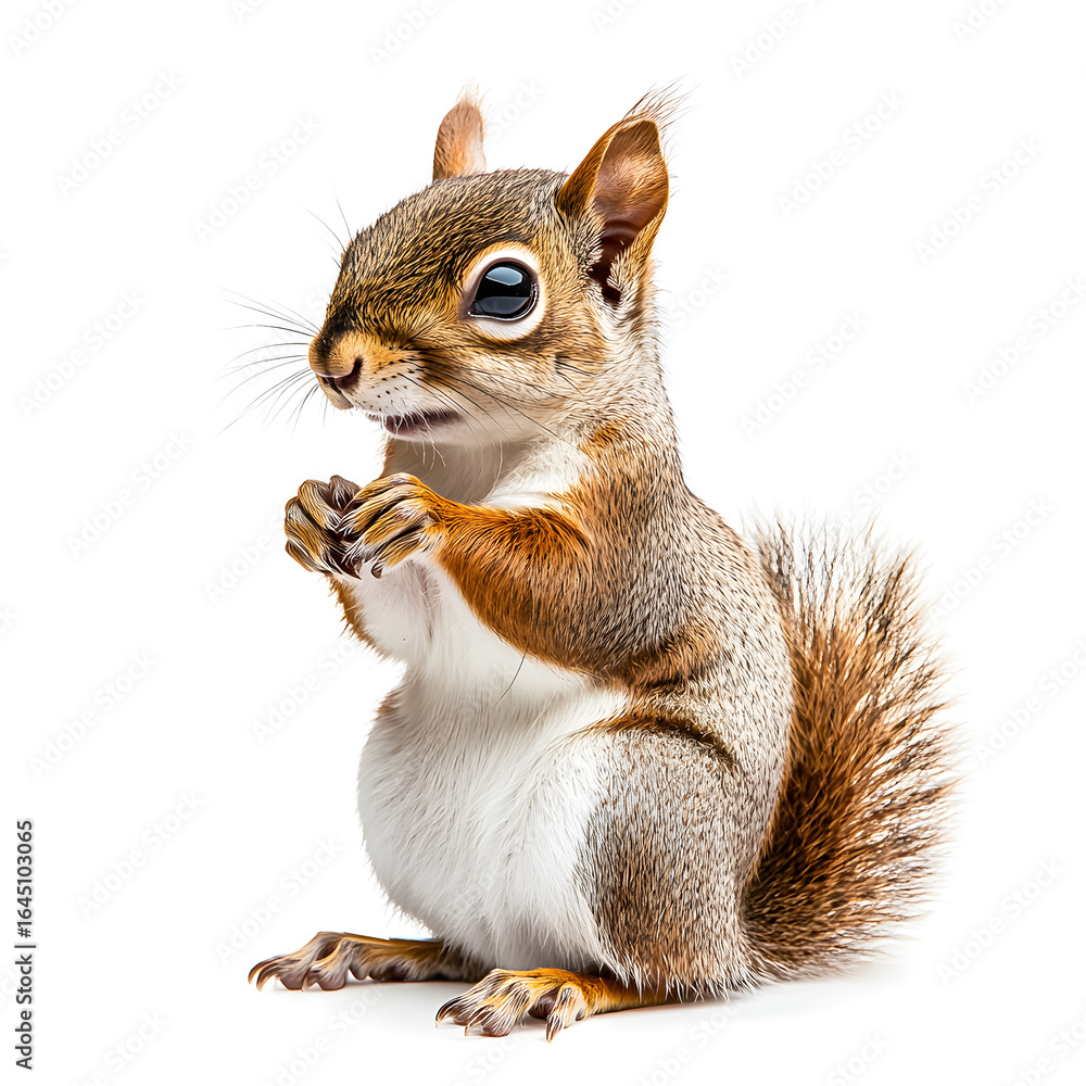 Fototapeta premium Eastern Gray Squirrel: Close-up Photo of a Young Squirrel Sitting on a White Background- Ai generated