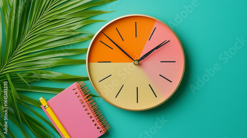 Wallpaper Mural A summer work-themed flat lay with a colorful clock and pink notebook on a turquoise background, perfect for productivity or vacation planning Torontodigital.ca