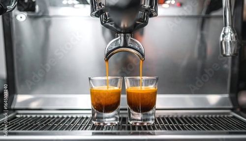 Double Espresso Shot Pouring from Professional Machine into Glass Cups