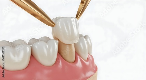 Photorealistic 3D render of zirconium dental crown placement on prepared tooth stump, showing realistic anatomy, textures, and precise fit under soft studio lighting.