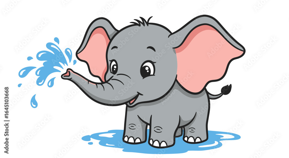 Adorable Baby Elephant Playing with Water Cute Cartoon Illustration Adorable Baby Elephant Playing with Water Cute Cartoon Illustration
