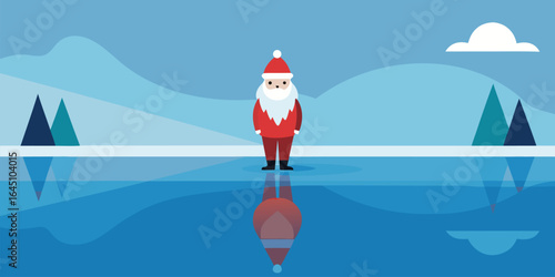 santa standing by frozen lake with reflection