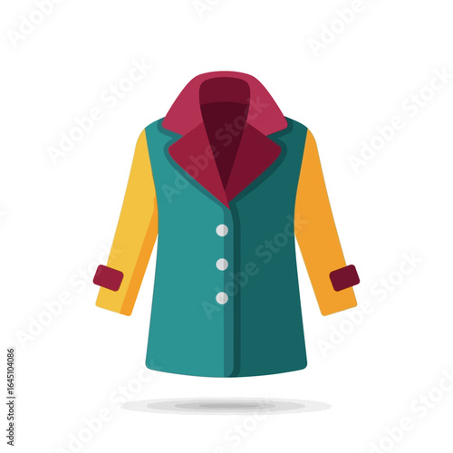 A colorful, flat-design illustration of a stylish women's overcoat with a shadow.