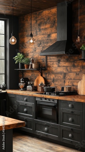 Rustic kitchen with dark cabinetry, wood accents, and vintage lighting