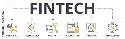 Fintech web banner icons Vector illustration concept with icons keywords of financial, technology, digital, accounting, analysis and blockchain