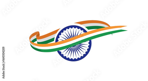 Patriotic Indian concept with a tricolor banner flowing around a blue 24-spoke wheel, representing national pride and celebration.