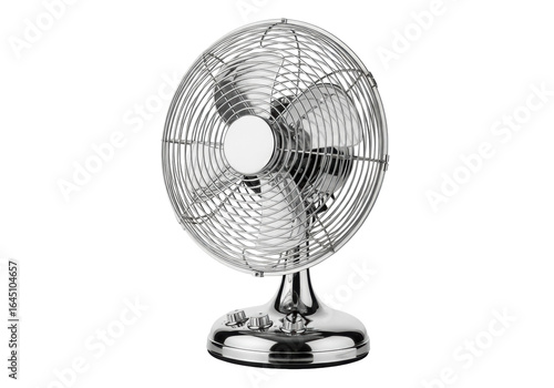 A retro-style metallic desk fan with highly reflective shiny silver blades, protective metal cage, and control knobs on a sturdy base, casting subtle soft shadows against a pristine transparent