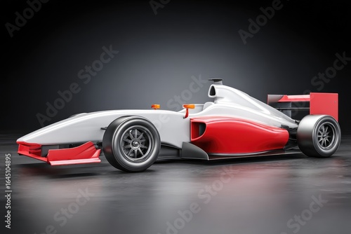 Sleek racing car, white and red, poised on dark surface